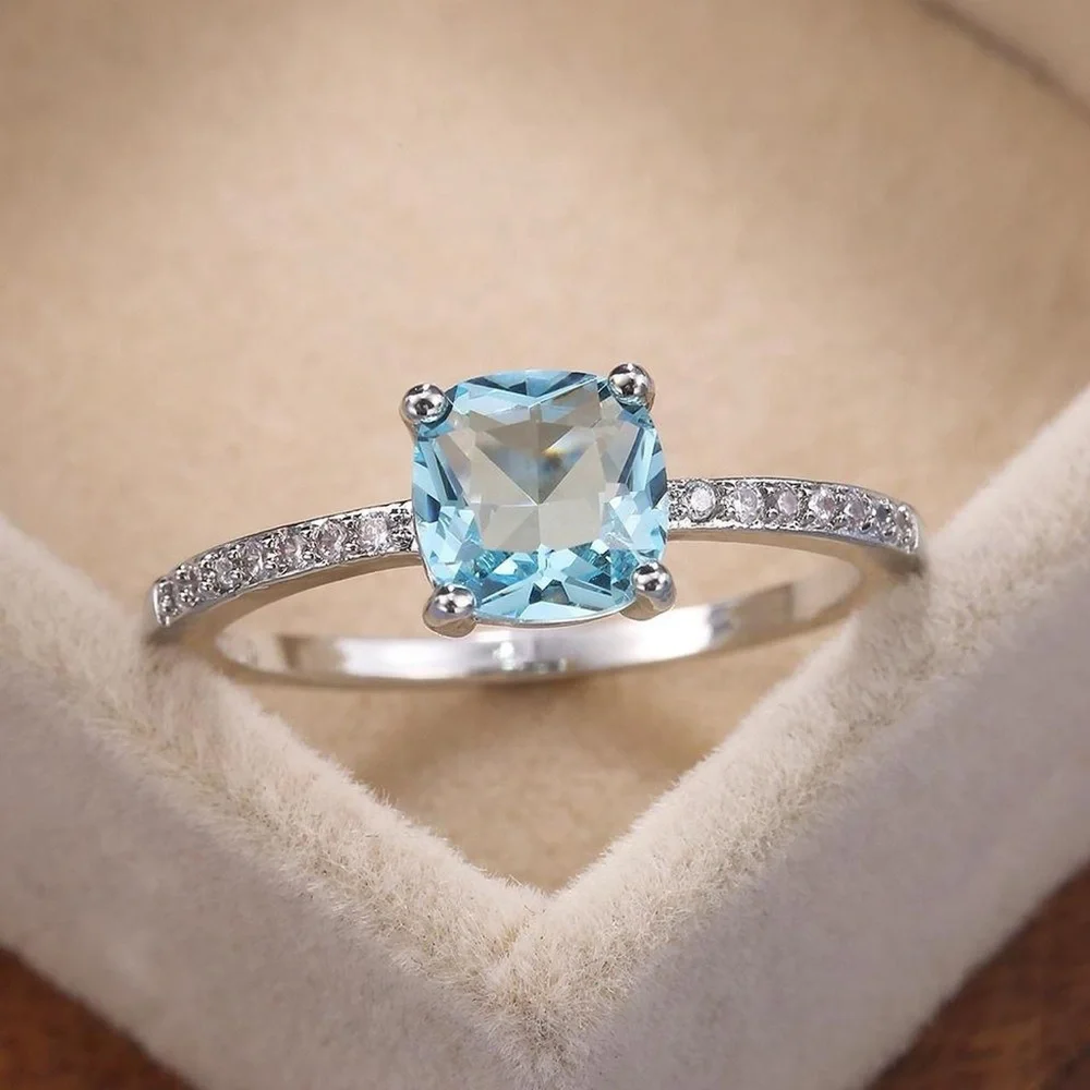 Sterling Silver 925 Light Blue Stone Topaz Cubic Zirconia Ring
